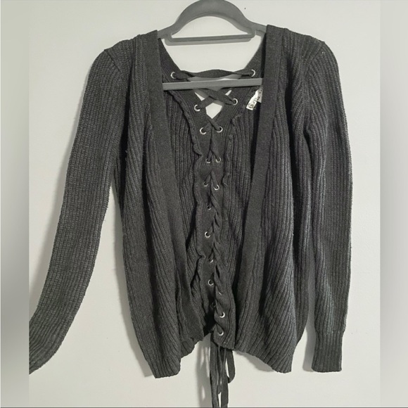 NWOT Kaisely Dark Gray Chunky Knit Lace Back Cardigan Size XS - Picture 1 of 3